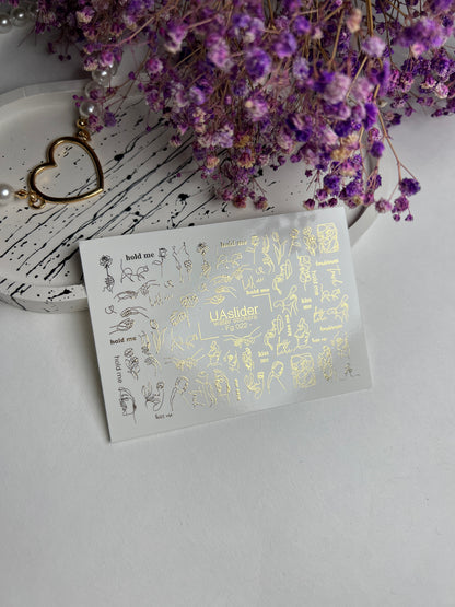 Nail Water Decal Fg-022 | Minimalist Line Art Water Slide Nail Decals with Gold Foil | Faces, Hands & Words