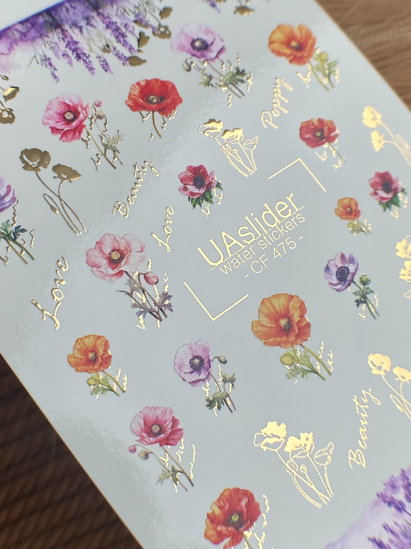 Nail Water Decal CF-475 | Poppy Nail Decals | Colorful Floral Stickers with Gold Accents