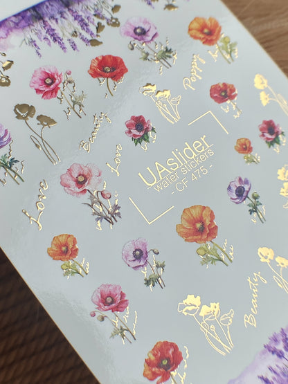 Nail Water Decal CF-475 | Poppy Nail Decals | Colorful Floral Stickers with Gold Accents