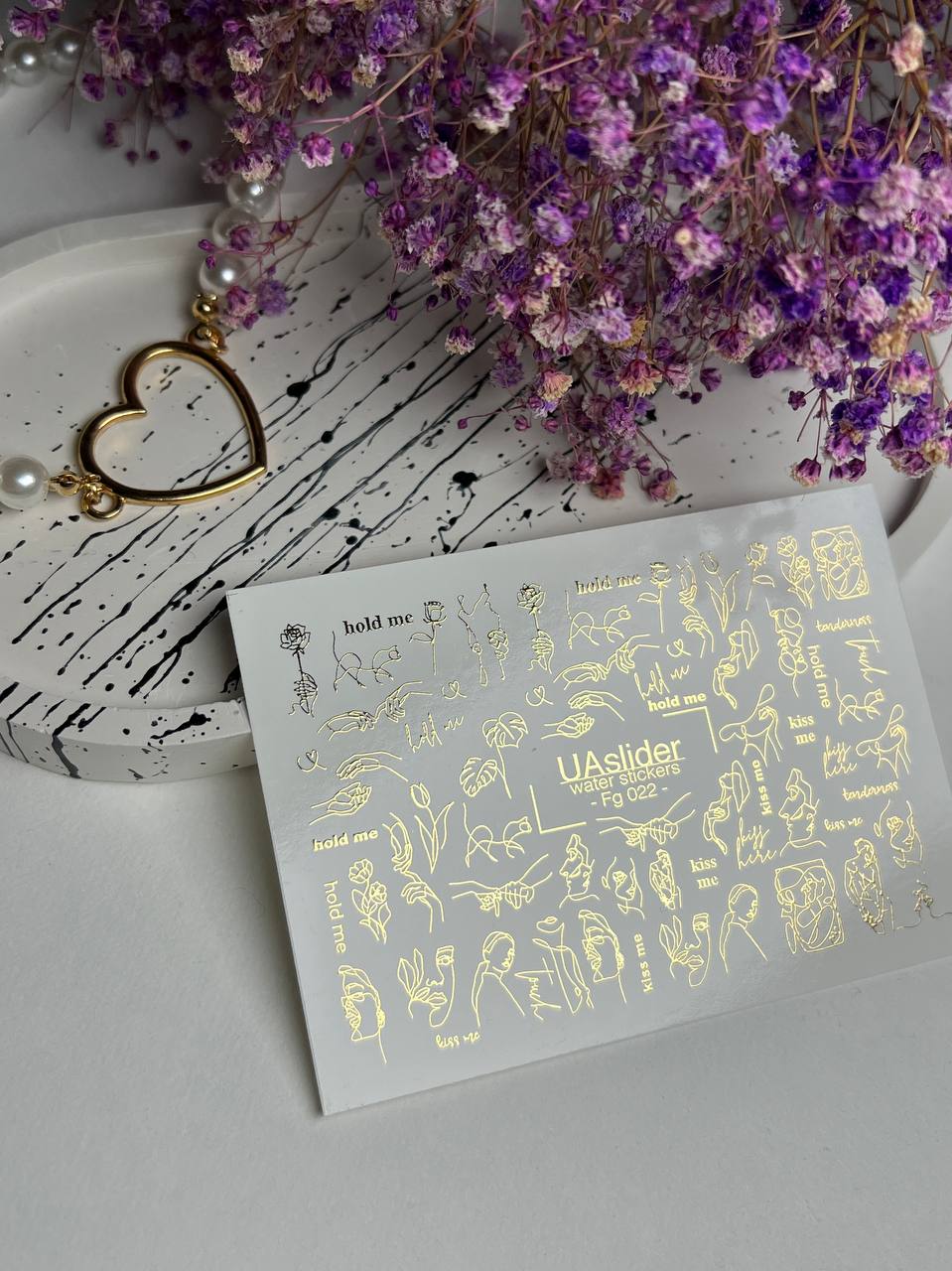 Nail Water Decal Fg-022 | Minimalist Line Art Water Slide Nail Decals with Gold Foil | Faces, Hands & Words