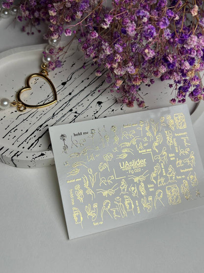 Nail Water Decal Fg-022 | Minimalist Line Art Water Slide Nail Decals with Gold Foil | Faces, Hands & Words