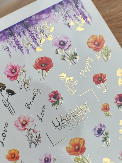 Nail Water Decal CF-475 | Poppy Nail Decals | Colorful Floral Stickers with Gold Accents