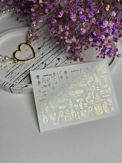 Nail Water Decal Fg-022 | Minimalist Line Art Water Slide Nail Decals with Gold Foil | Faces, Hands & Words