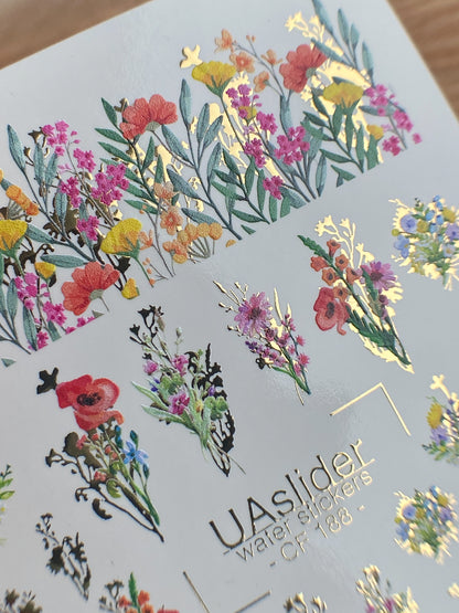 ネイルウォーターデカール CF-188 | ネイルウォーターデカール | ゴールデンアクセント付きワイルドフラワーブーケ