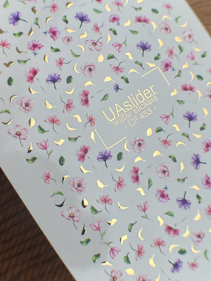 Nail Water Decal CF-453 | Floral Water Slide Nail Decals | Tiny Pink & Purple Flowers with Gold