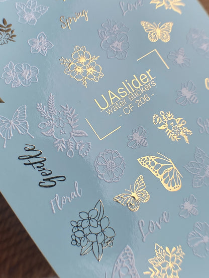 ملصق مائي للأظافر CF-206 | ملصقات مائية للأظافر | تصاميم زهرية ناعمة وفراشات مع ورق ذهبي