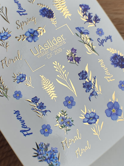 Calcomanía de Agua para Uñas CF-209 | Calcomanías de Agua para Uñas | Flores Silvestres Azules con Detalles en Papel Dorado