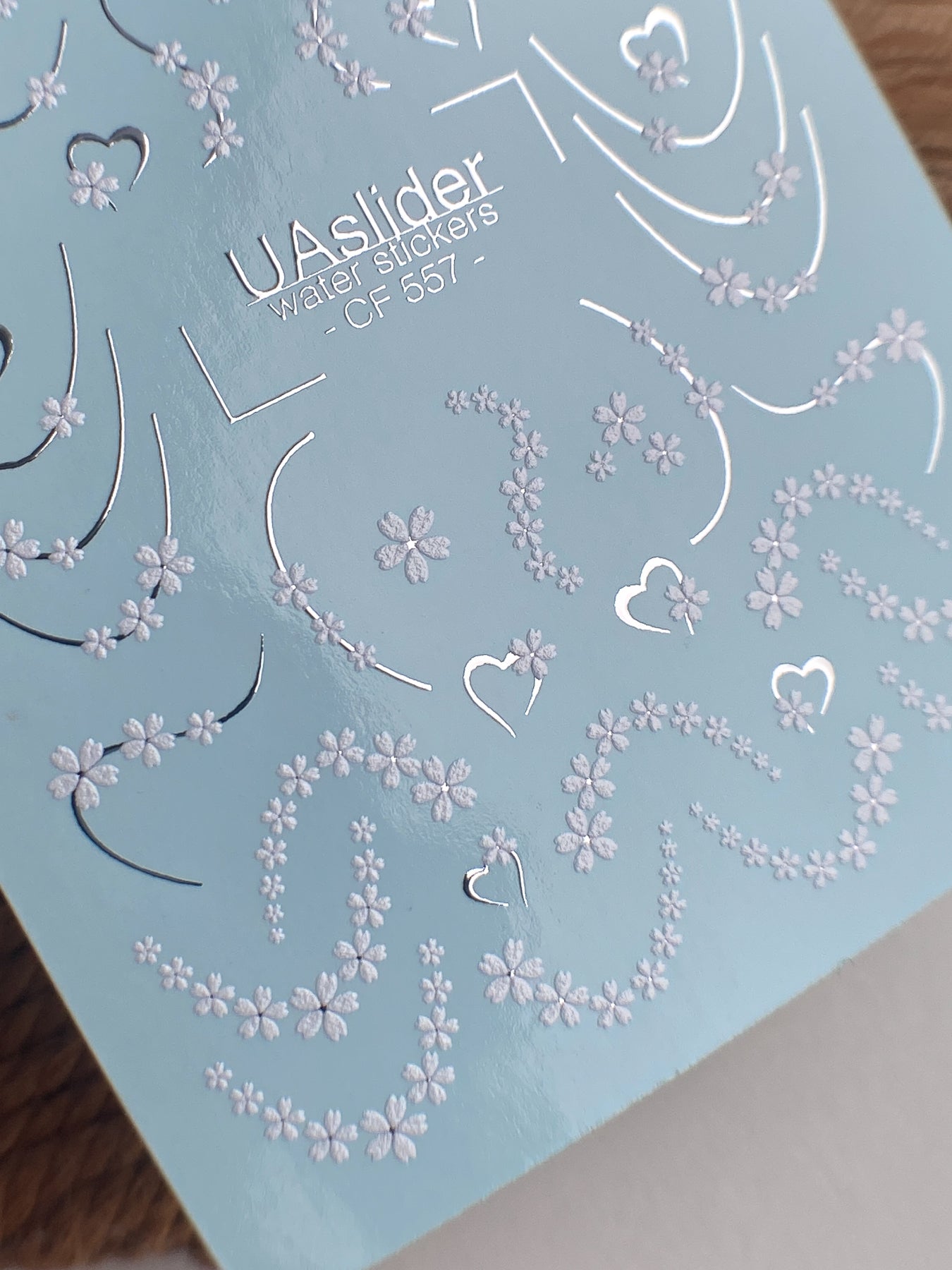 Nail Water Decal CF-557 | French Water Slide Nail Decals with Floral Details | White Blossoms and Hearts - UASLIDER