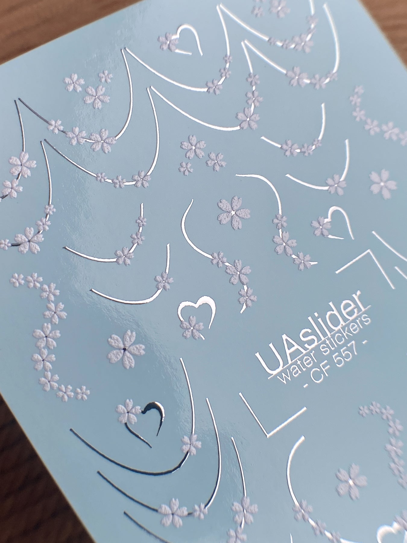 Nail Water Decal CF-557 | French Water Slide Nail Decals with Floral Details | White Blossoms and Hearts