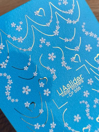 Nail Water Decal CF-556 | French Water Slide Nail Decals with Floral Garlands | White Flowers and Hearts