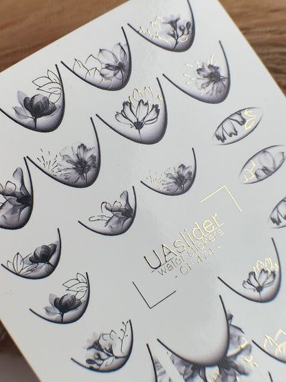 Nail Water Decal CF-474 | Elegant Floral Nail Decals | Grey Lilac Flowers with Gold Details