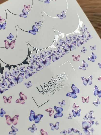 Vodní nálepky na nehty CF-561 | Vodní nálepky na nehty s motivem motýlů | Fialové a růžové francouzské nehtové umění