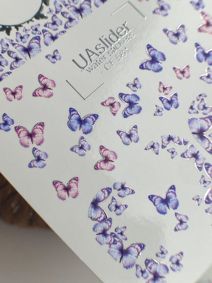 Vodní nálepky na nehty CF-561 | Vodní nálepky na nehty s motivem motýlů | Fialové a růžové francouzské nehtové umění