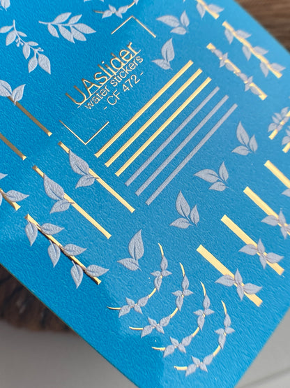 Nail Water Decal CF-472 | Botanical Nail Decals | Minimalist Leaf & Gold Line Stickers