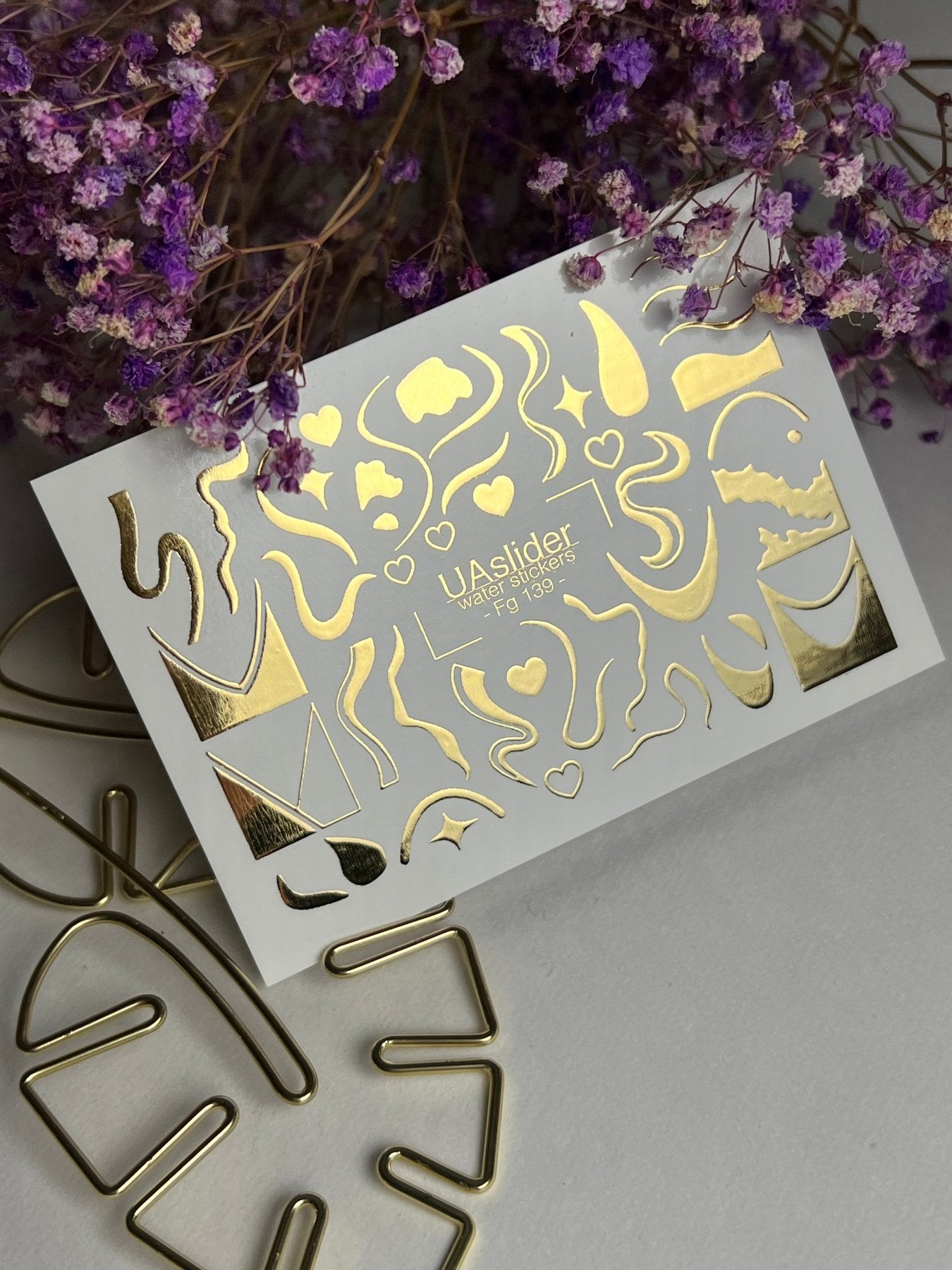 Nail Water Decal Fg-139 | Water Slide Nail Decals with Gold Abstract Waves and Shapes | Artistic Nail Tattoos - UASLIDER