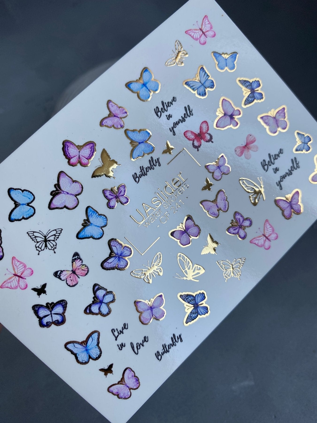 Nail Water Decal CF-241 | Butterfly Water Slide Nail Decals | Pink & Blue Butterflies with Gold - UASLIDER