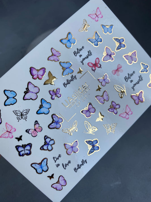 Nail Water Decal CF-241 | Butterfly Water Slide Nail Decals | Pink & Blue Butterflies with Gold