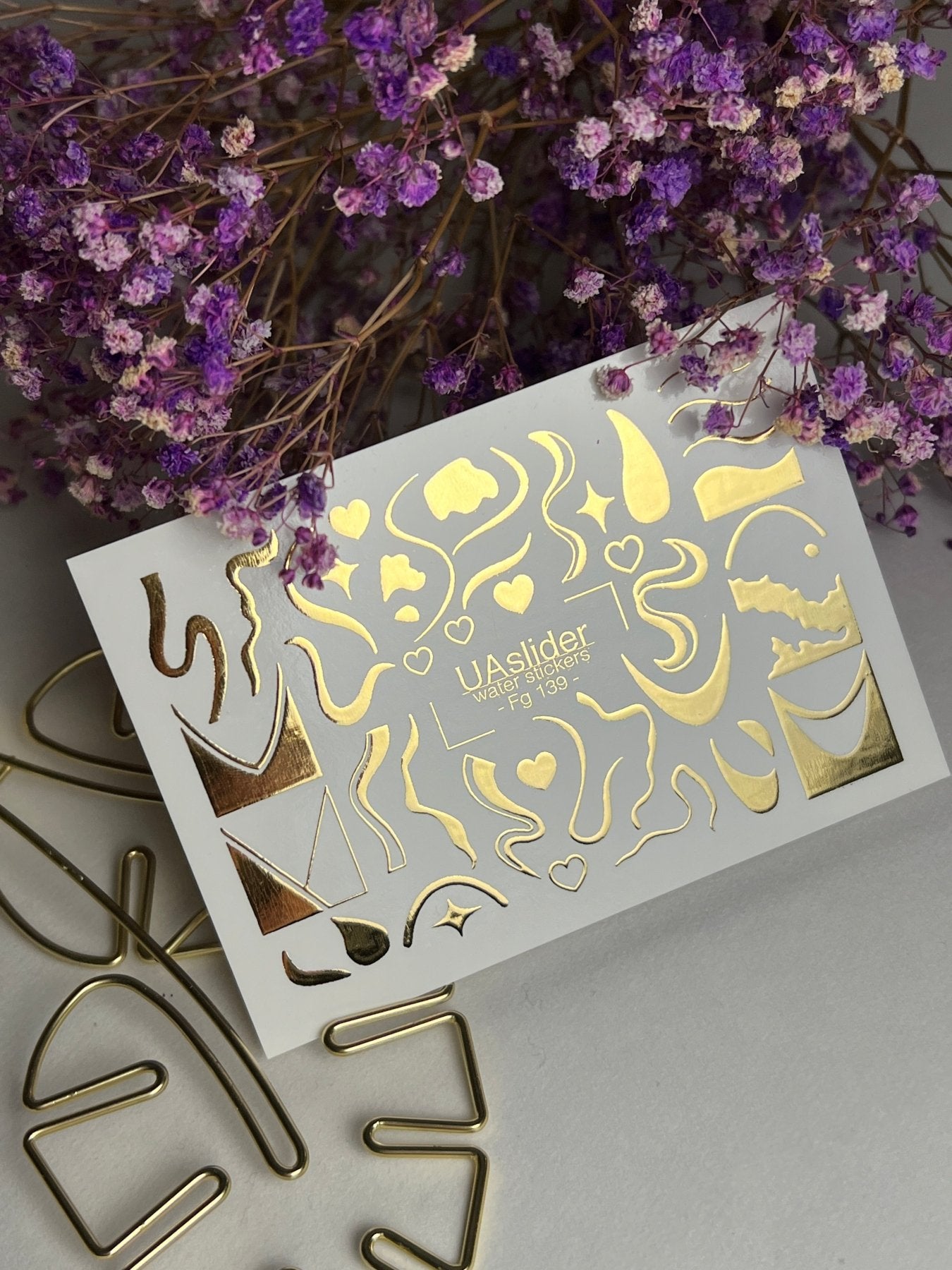Nail Water Decal Fg-139 | Water Slide Nail Decals with Gold Abstract Waves and Shapes | Artistic Nail Tattoos - UASLIDER
