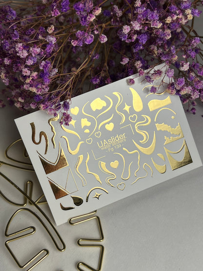 Nail Water Decal Fg-139 | Water Slide Nail Decals with Gold Abstract Waves and Shapes | Artistic Nail Tattoos