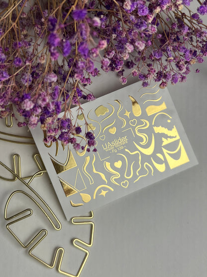 Nail Water Decal Fg-139 | Water Slide Nail Decals with Gold Abstract Waves and Shapes | Artistic Nail Tattoos