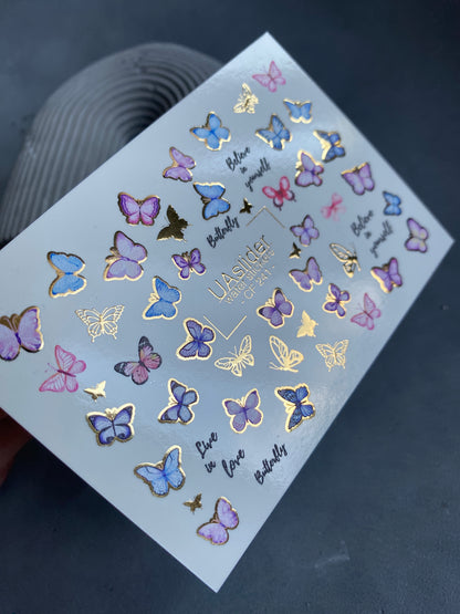 Nálepka na nehty CF-241 | Nálepky na nehty s motivem motýlů | Růžoví a modří motýli se zlatou barvou