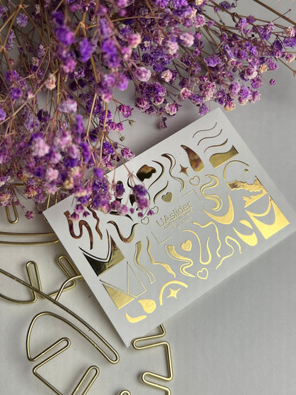 Nail Water Decal Fg-139 | Water Slide Nail Decals with Gold Abstract Waves and Shapes | Artistic Nail Tattoos