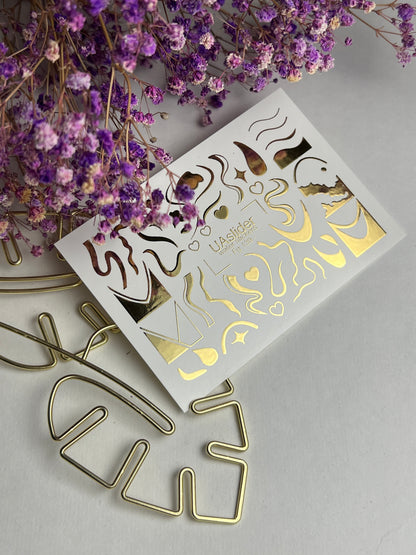 Nail Water Decal Fg-139 | Water Slide Nail Decals with Gold Abstract Waves and Shapes | Artistic Nail Tattoos