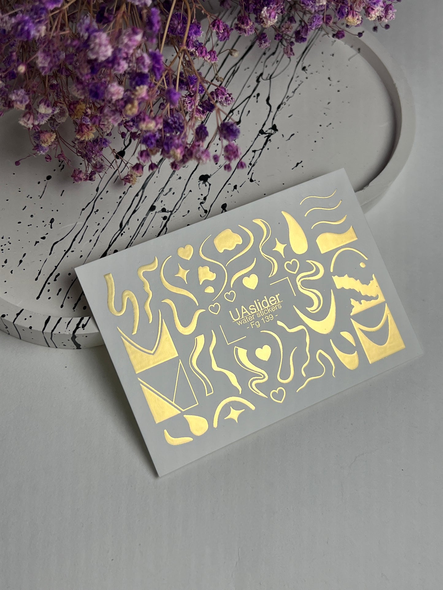 Nail Water Decal Fg-139 | Water Slide Nail Decals with Gold Abstract Waves and Shapes | Artistic Nail Tattoos