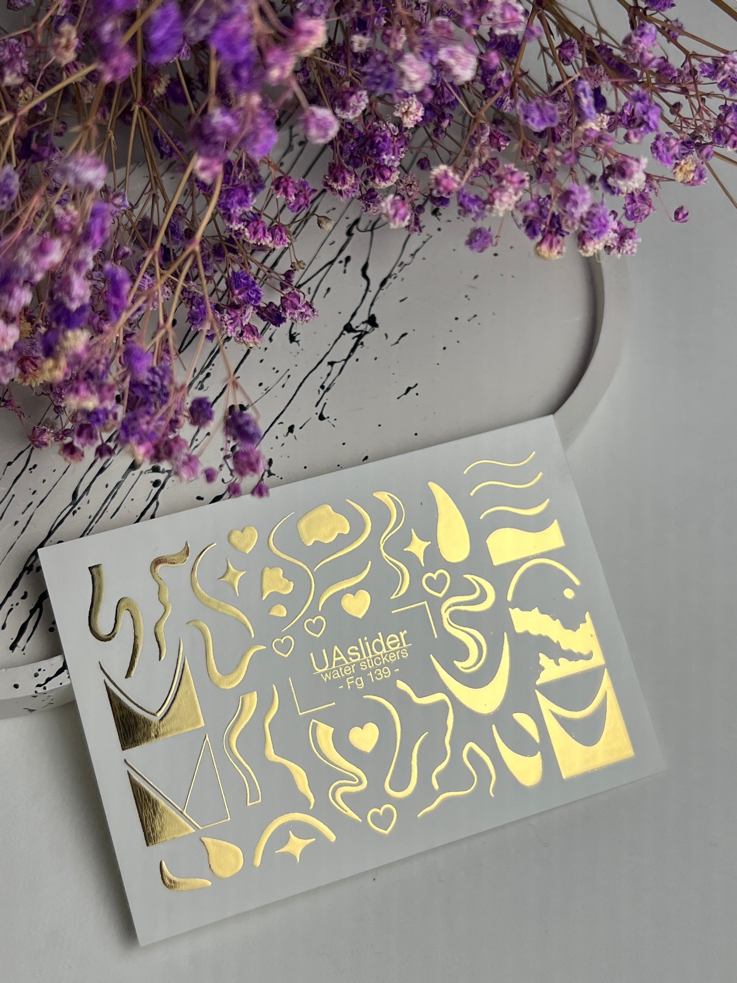 Nail Water Decal Fg-139 | Water Slide Nail Decals with Gold Abstract Waves and Shapes | Artistic Nail Tattoos