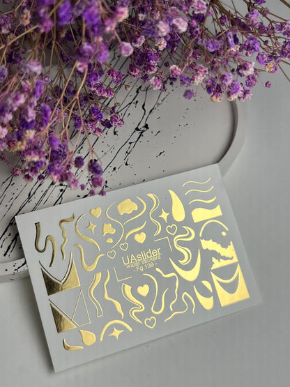 Nail Water Decal Fg-139 | Water Slide Nail Decals with Gold Abstract Waves and Shapes | Artistic Nail Tattoos