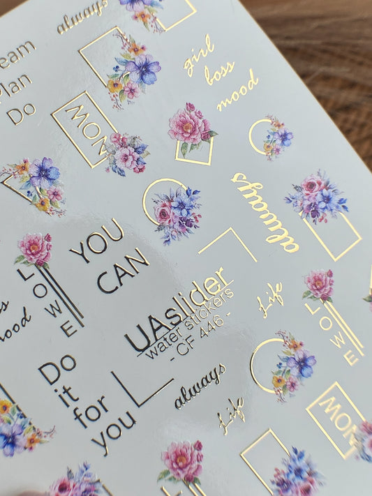 Nail Water Decal CF-446 | Water Slide Nail Decals | Mini Floral Elements & Gold Lettering