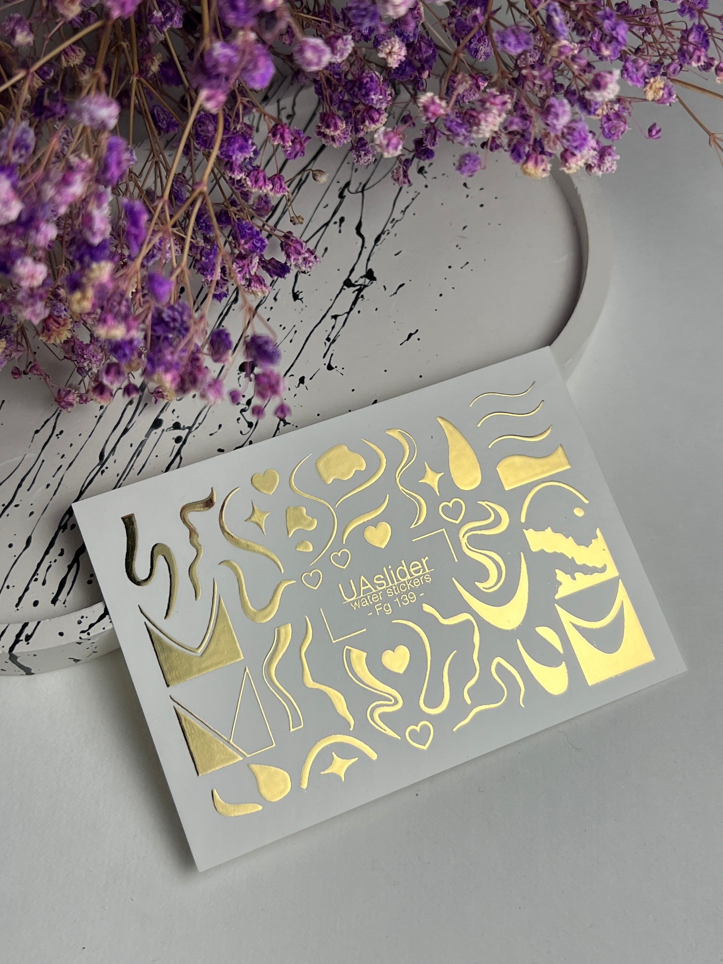 Nail Water Decal Fg-139 | Water Slide Nail Decals with Gold Abstract Waves and Shapes | Artistic Nail Tattoos