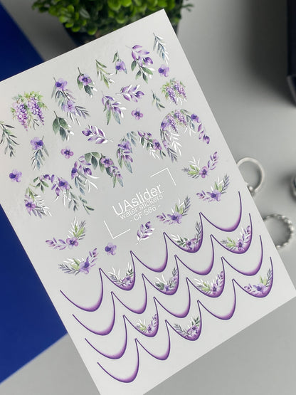 Nail Water Decal CF-566 | French Water Slide Nail Decals with Purple Florals | Botanical Nail Art Designs