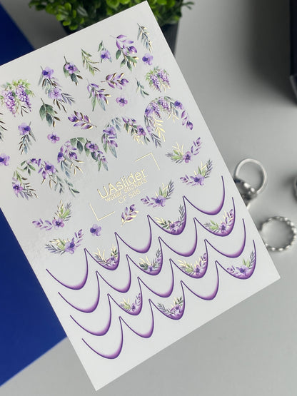 Nail Water Decal CF-565 | French Water Slide Nail Decals with Purple Flowers | Floral French Nail Art
