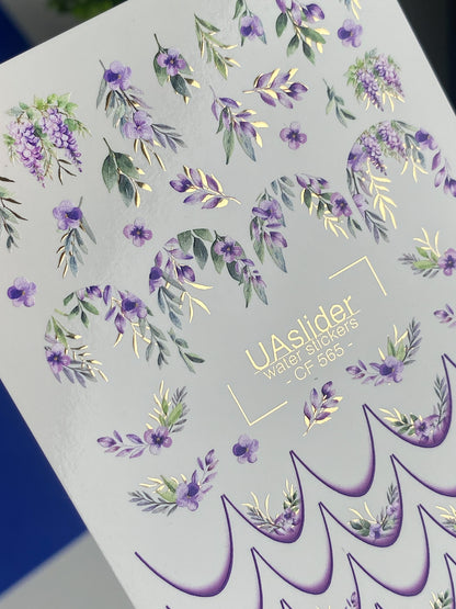 Nail Water Decal CF-565 | French Water Slide Nail Decals with Purple Flowers | Floral French Nail Art
