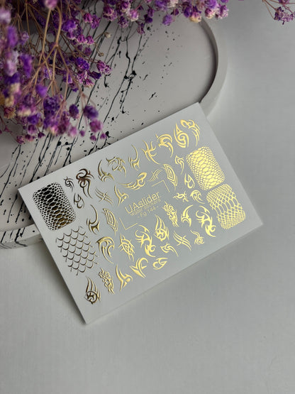 Nail Water Decal Fg-144 | Water Slide Nail Decals with Gold Tribal and Snake Skin Patterns | Edgy Nail Art