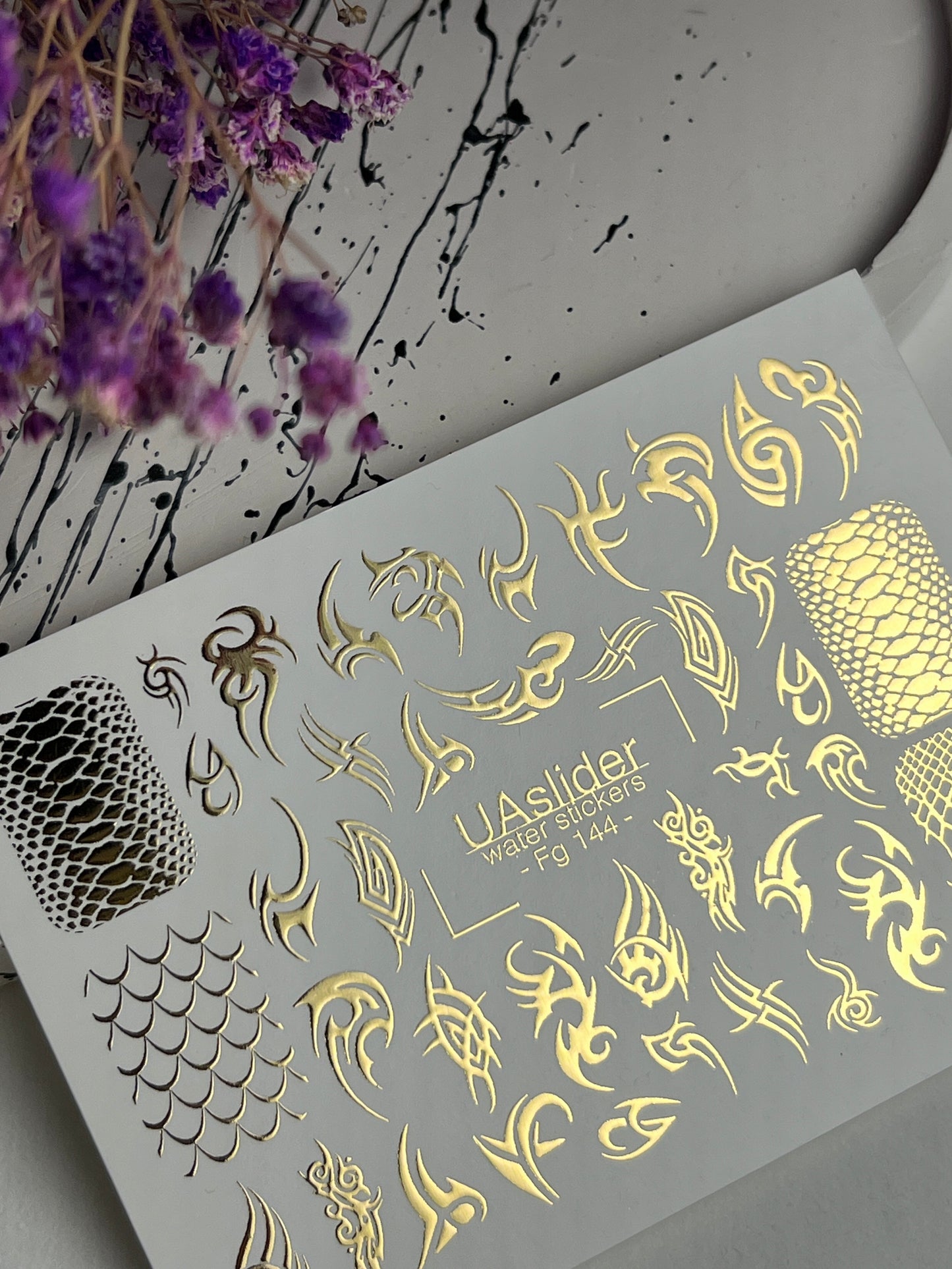 Nail Water Decal Fg-144 | Water Slide Nail Decals with Gold Tribal and Snake Skin Patterns | Edgy Nail Art