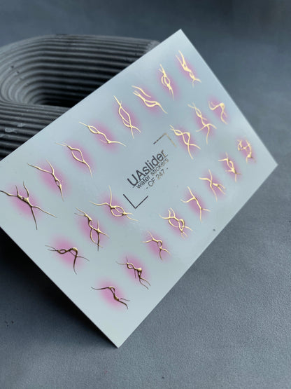Nail Water Decal CF-247 | Abstract Nail Water Decals | Golden Lines with Pink Aura Effect