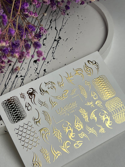 Nail Water Decal Fg-144 | Water Slide Nail Decals with Gold Tribal and Snake Skin Patterns | Edgy Nail Art