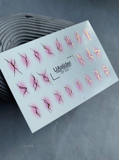 Nail Water Decal CF-247 | Abstract Nail Water Decals | Golden Lines with Pink Aura Effect