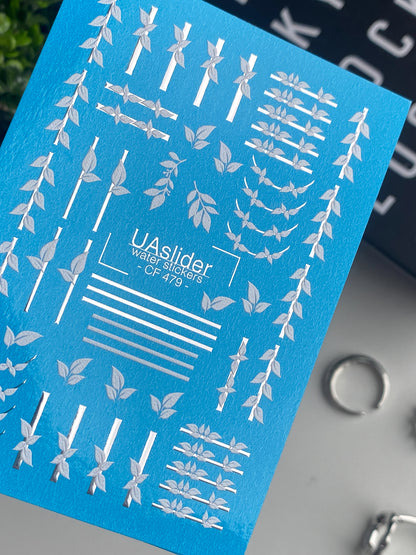Nail Water Decal CF-479 | Leaf Nail Water Decals | Minimalist Grey Botanical Lines & Branches