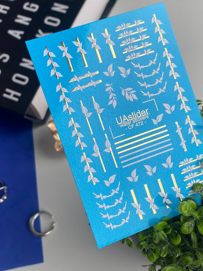 Nail Water Decal CF-472 | Botanical Nail Decals | Minimalist Leaf & Gold Line Stickers