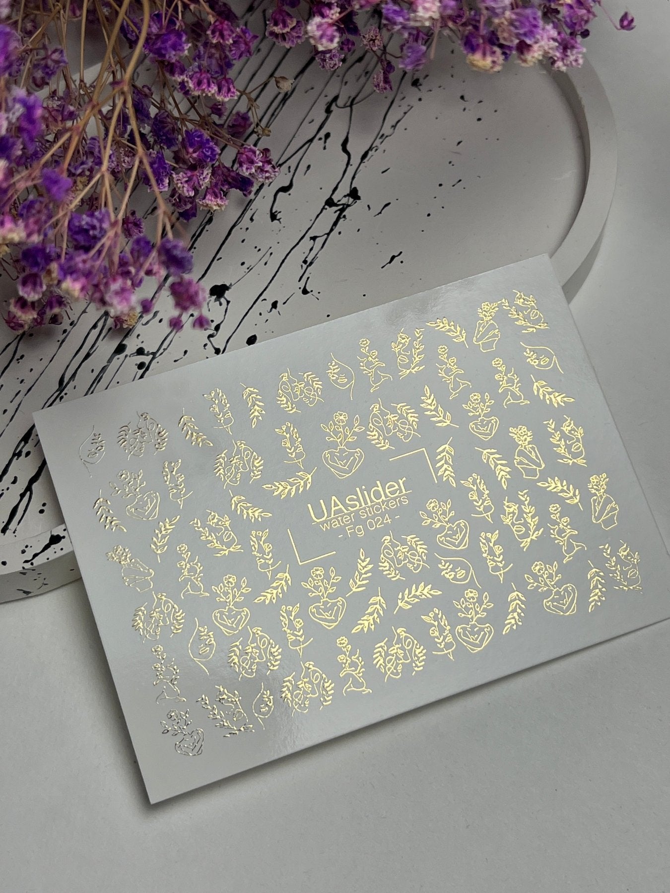 Nail Water Decal Fg-024 | Minimalist Water Slide Nail Decals with Gold Foil | Faces, Flowers & Botanical Motifs - UASLIDER