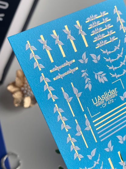Nail Water Decal CF-472 | Botanical Nail Decals | Minimalist Leaf & Gold Line Stickers
