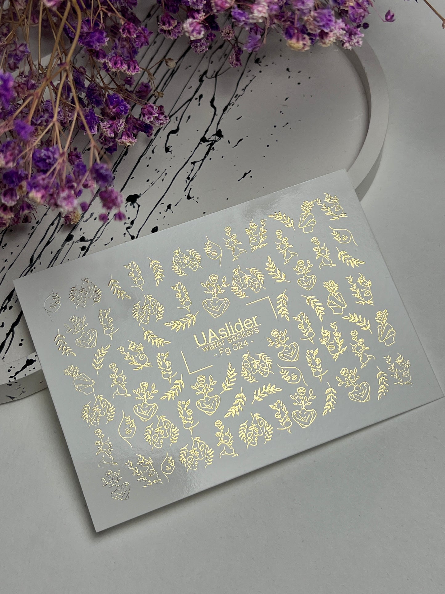 Nail Water Decal Fg-024 | Minimalist Water Slide Nail Decals with Gold Foil | Faces, Flowers & Botanical Motifs