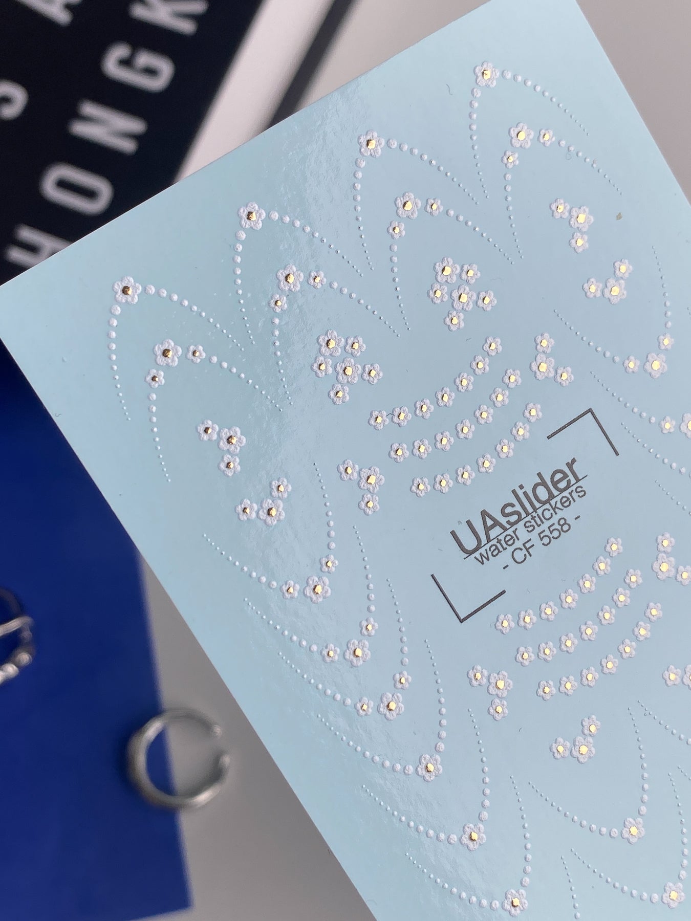 Nail Water Decal CF-558 | French Water Slide Nail Decals with Floral Dots | White Flowers and Delicate Lines