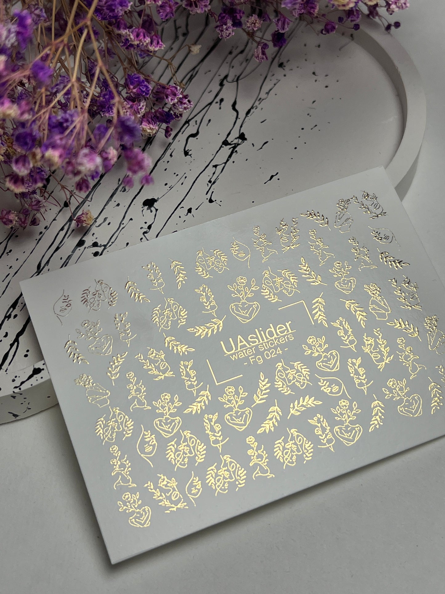 Nail Water Decal Fg-024 | Minimalist Water Slide Nail Decals with Gold Foil | Faces, Flowers & Botanical Motifs