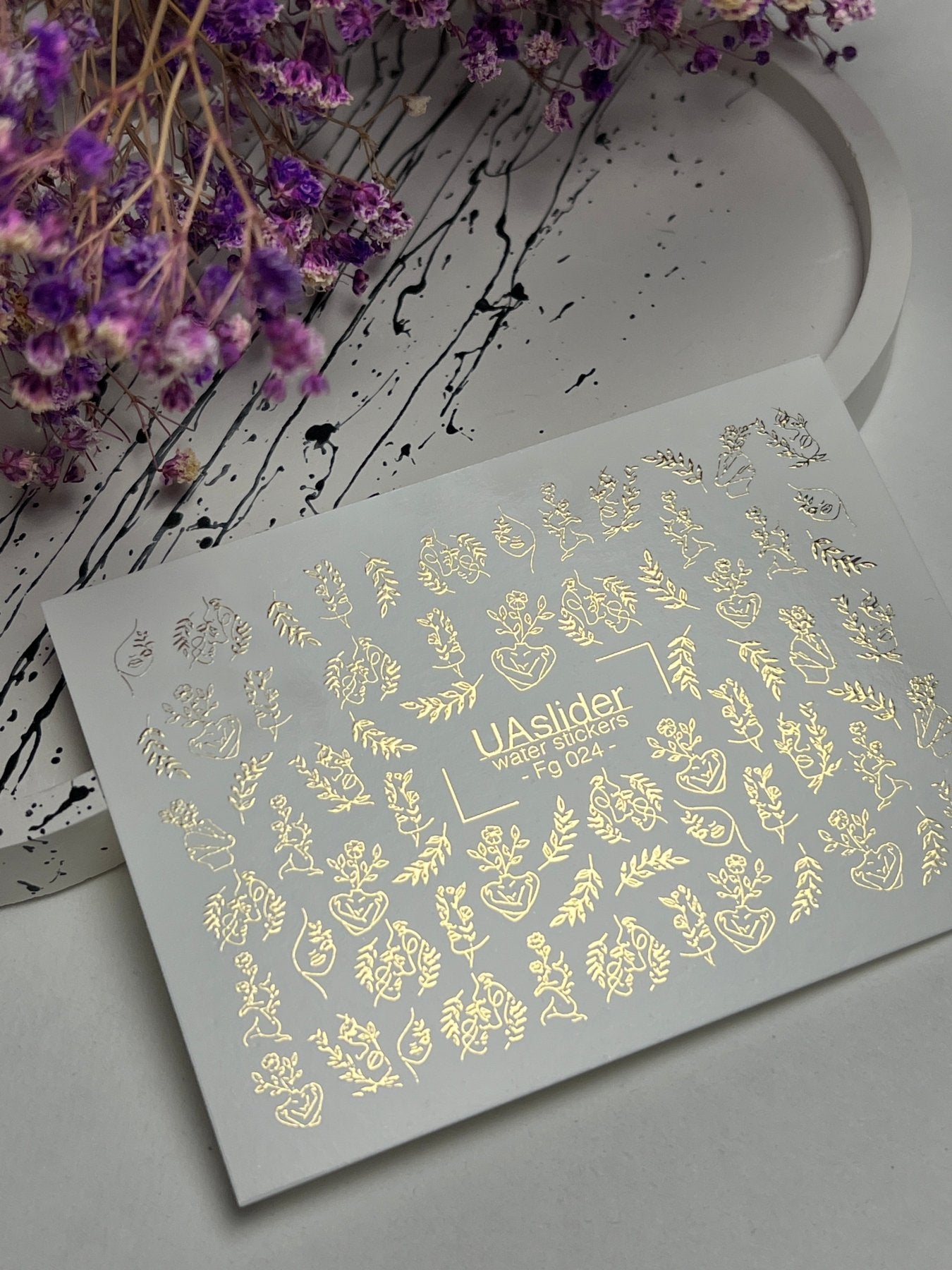 Nail Water Decal Fg-024 | Minimalist Water Slide Nail Decals with Gold Foil | Faces, Flowers & Botanical Motifs - UASLIDER