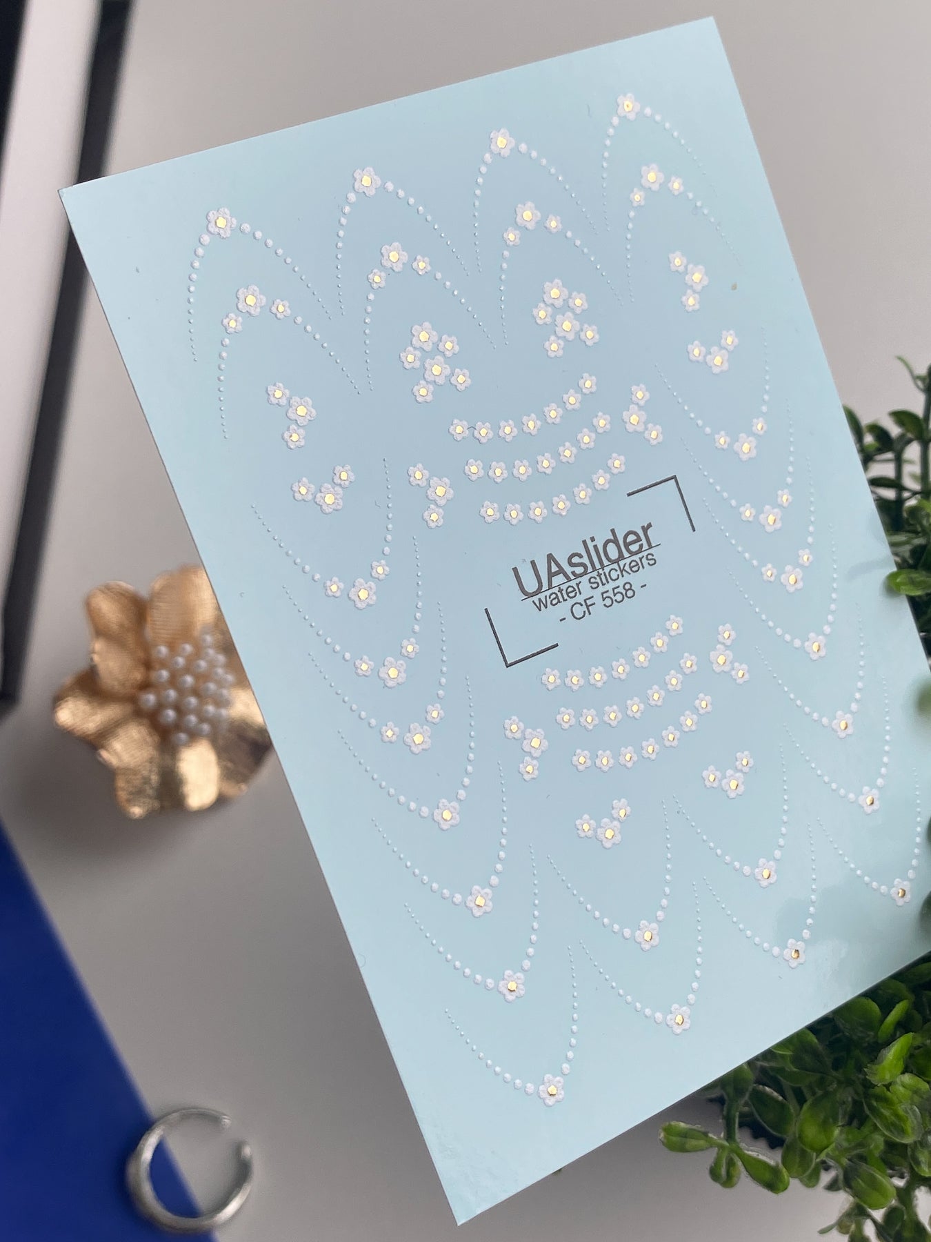 Nail Water Decal CF-558 | French Water Slide Nail Decals with Floral Dots | White Flowers and Delicate Lines - UASLIDER