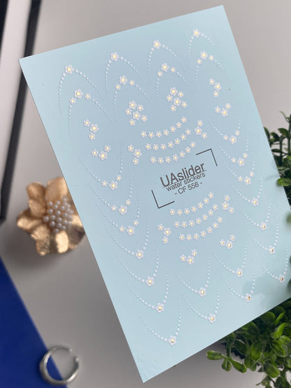 Nail Water Decal CF-558 | French Water Slide Nail Decals with Floral Dots | White Flowers and Delicate Lines